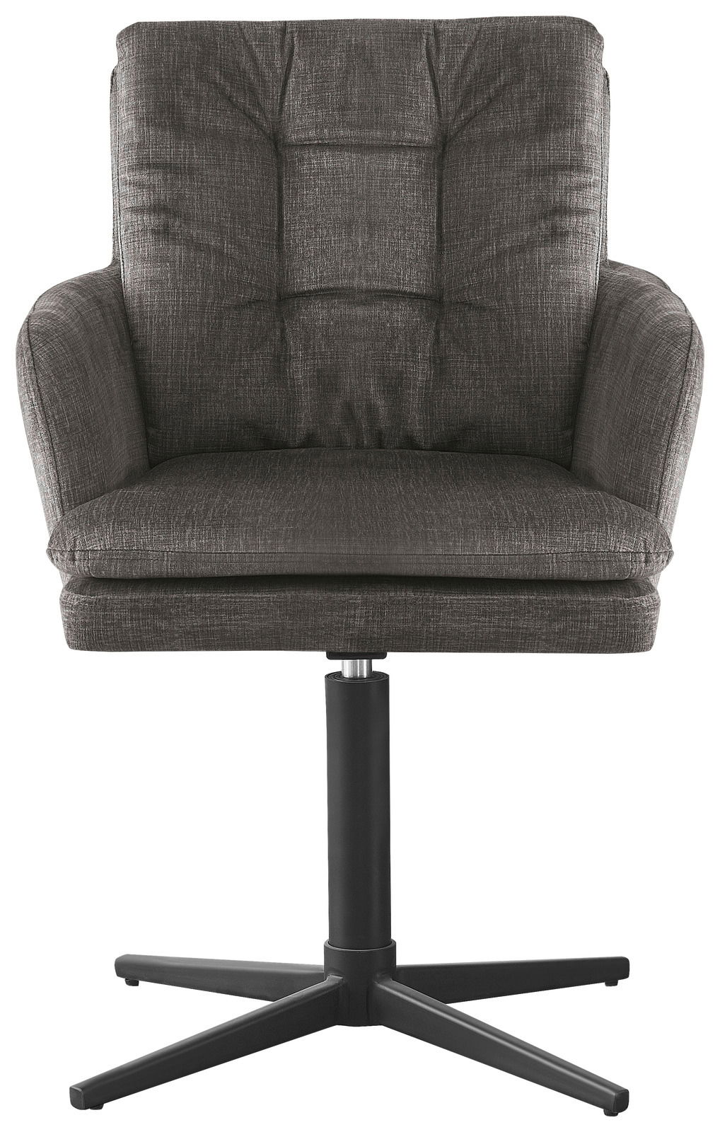 Grauer Armlehnstuhl mit gepolsterter Sitzfläche und Rückenlehne, auf schwarzem Drehfuß, Frontalansicht