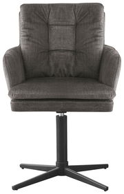 Grauer Armlehnstuhl mit gepolsterter Sitzfläche und Rückenlehne, auf schwarzem Drehfuß, Frontalansicht
