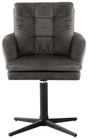 Grauer Armlehnstuhl mit gepolsterter Sitzfläche und Rückenlehne, auf schwarzem Drehfuß, Frontalansicht
