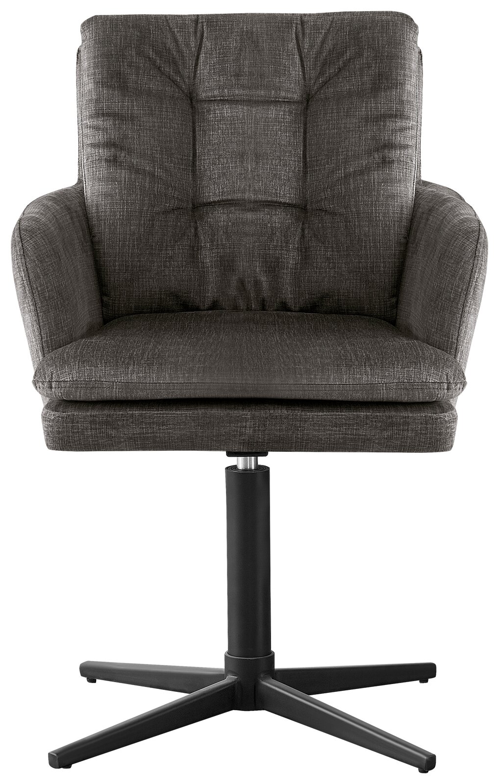 Grauer Armlehnstuhl mit gepolsterter Sitzfläche und Rückenlehne, auf schwarzem Drehfuß, Frontalansicht