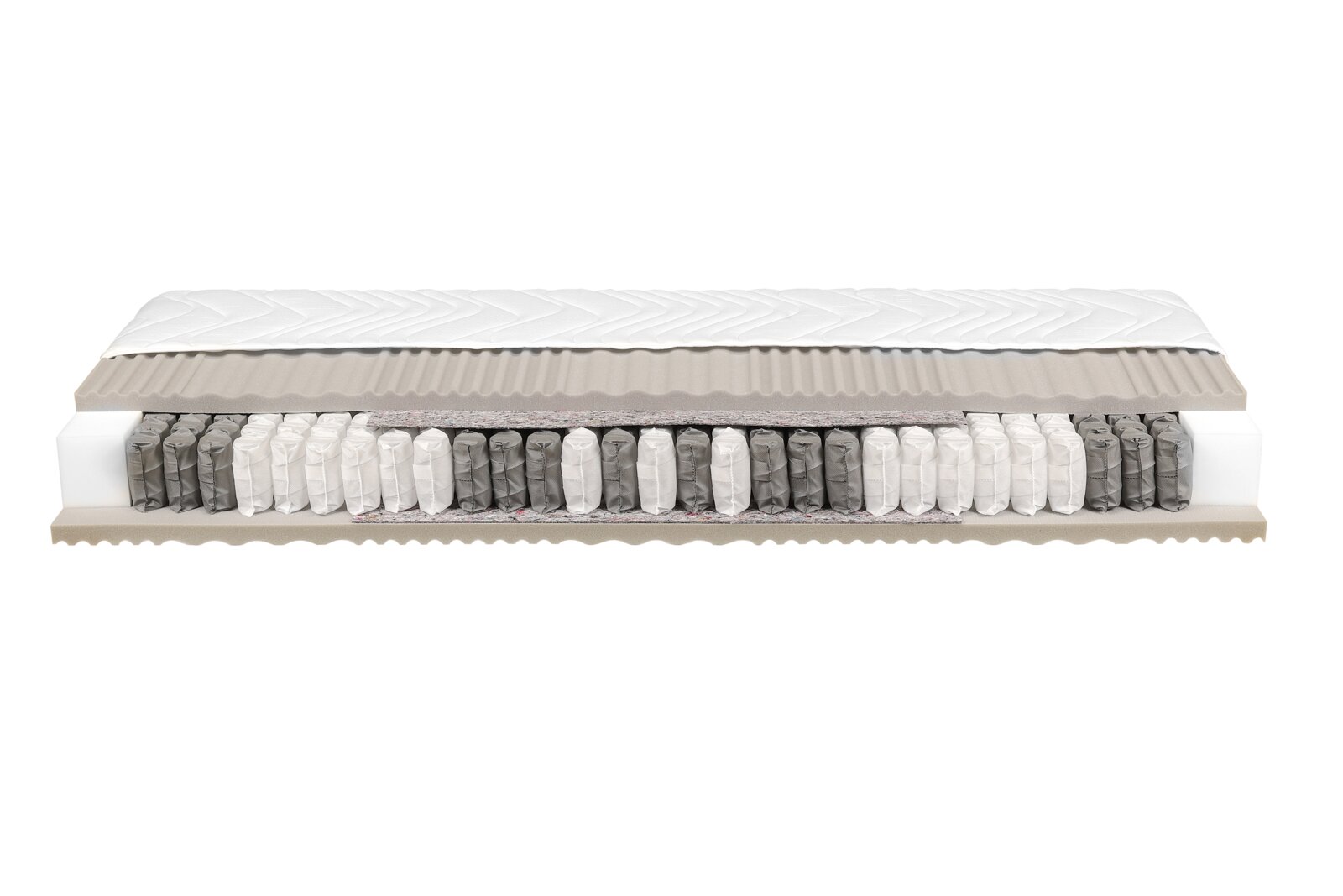 Querschnitt einer Taschenfederkernmatratze H2 mit sichtbaren Schichten und Federn, seitliche Perspektive