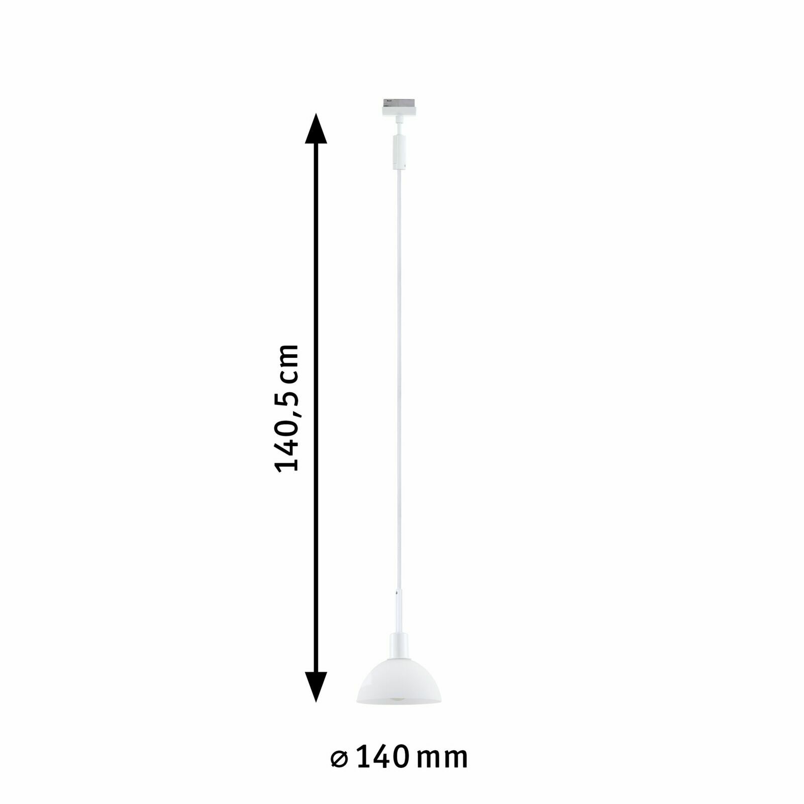Weißes Schienenpendel Sarrasani URAIL von PAULMANN, Seitenansicht, Höhe 140,5 cm, Durchmesser 140 mm.