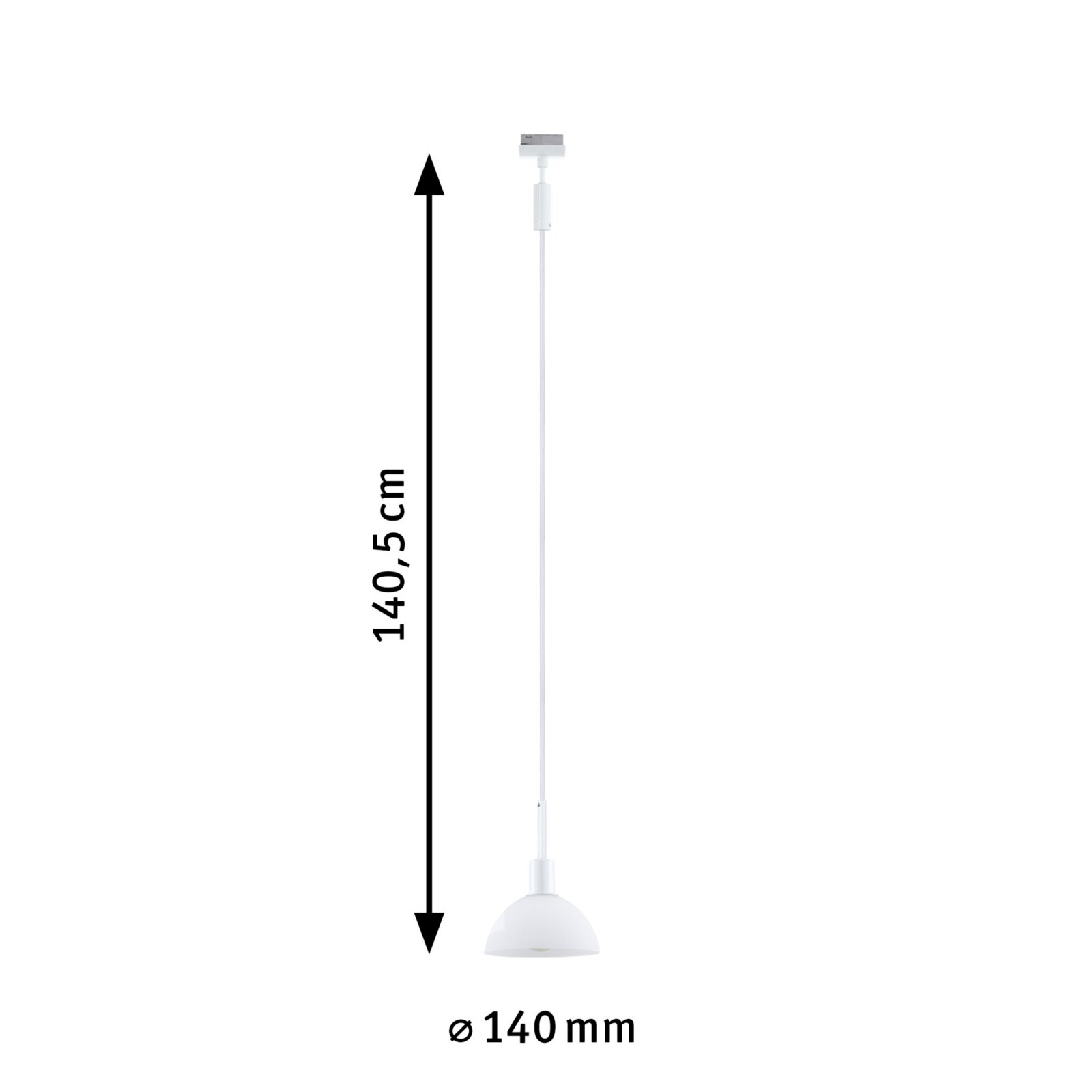 Witte Sarrasani URAIL-pendel op rails van PAULMANN, zijaanzicht, hoogte 140,5 cm, diameter 140 mm.