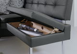 Eckbank mit aufklappbarem Sitzpolster und Stauraum, seitliche Perspektive