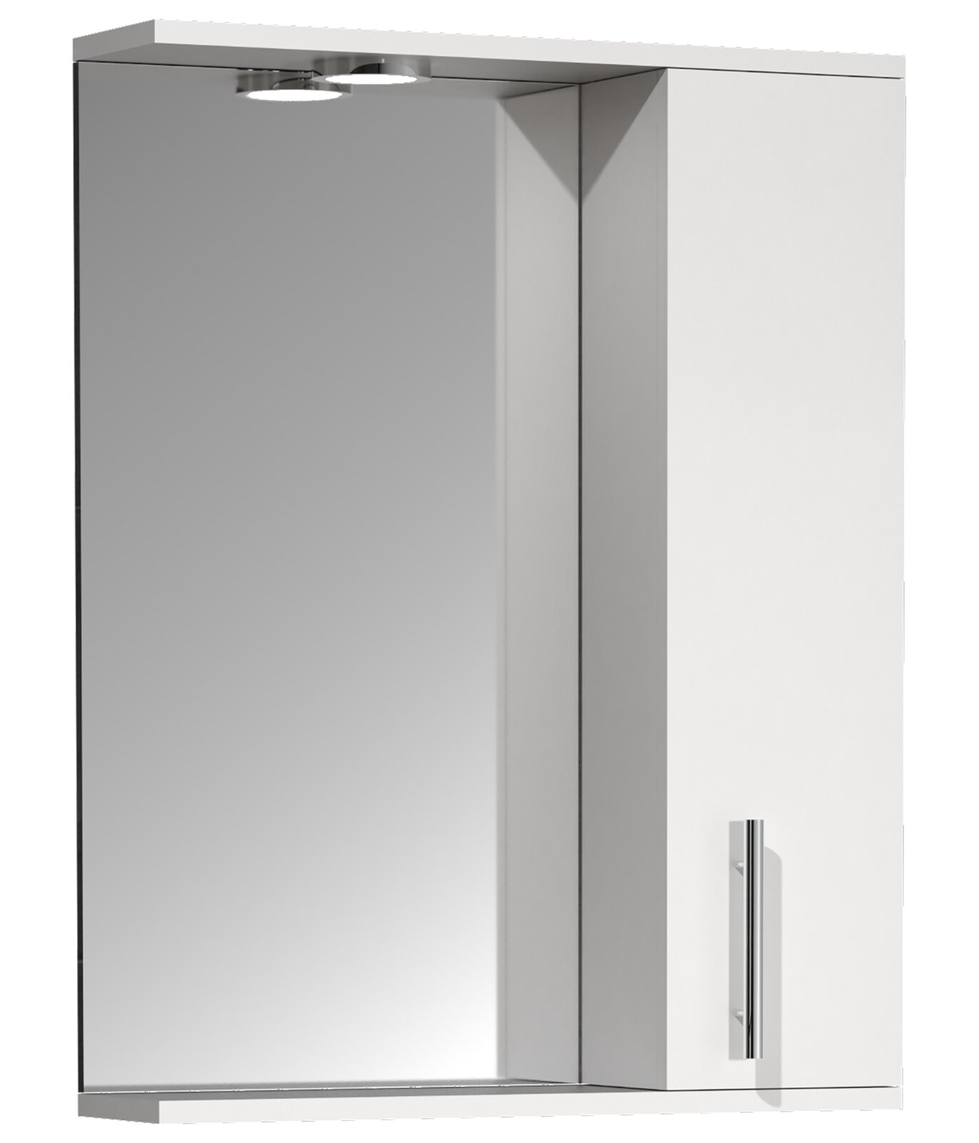 Weißer Badezimmerschrank mit großer Spiegelfront, seitlicher Schranktür mit Metallgriff und integrierter LED-Beleuchtung oben, Frontansicht leicht von links