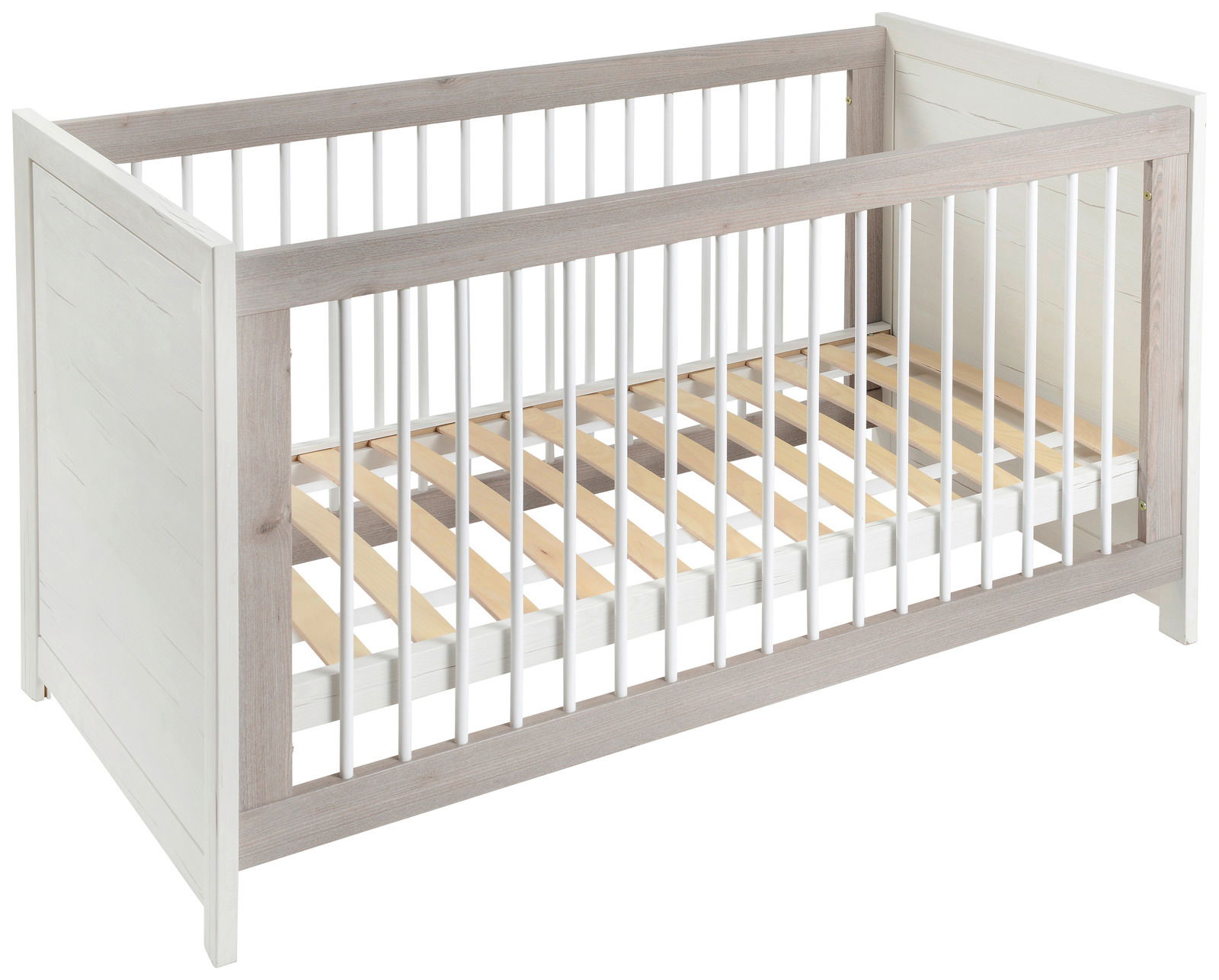 MyBaby Kinderbett CAMRON Kinderbett aus Holz mit weißen Gitterstäben, seitliche Perspektive