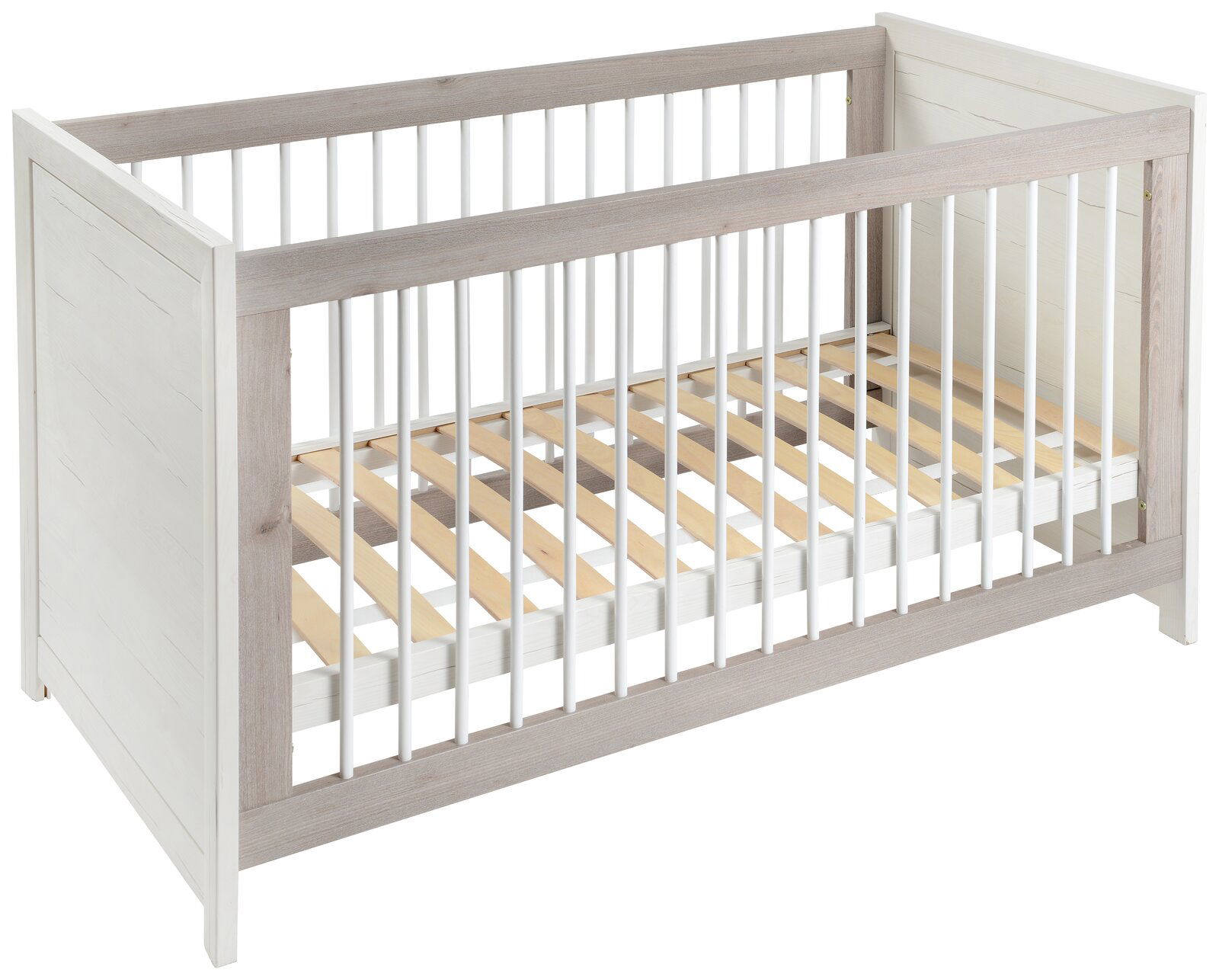 MyBaby Kinderbett CAMRON Kinderbett aus Holz mit weißen Gitterstäben, seitliche Perspektive