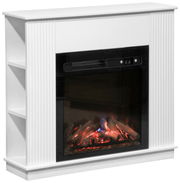 Weißer Elektrokamin mit seitlichen Regalen und realistischer Flammenoptik, seitliche Perspektive