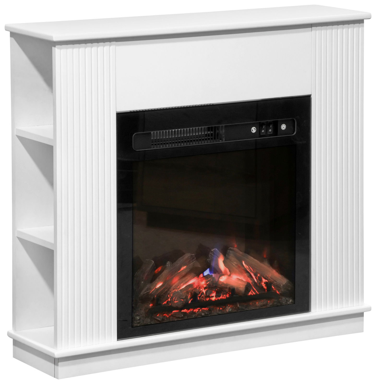 Weißer Elektrokamin mit seitlichen Regalen und realistischer Flammenoptik, seitliche Perspektive