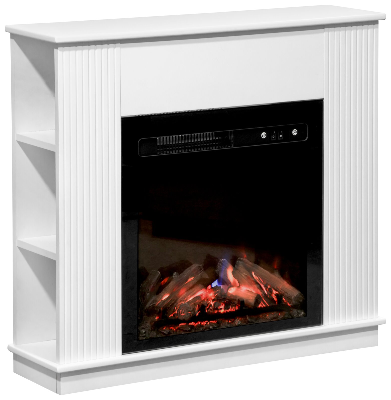 Weißer Elektrokamin mit seitlichen Regalen und realistischer Flammenoptik, seitliche Perspektive