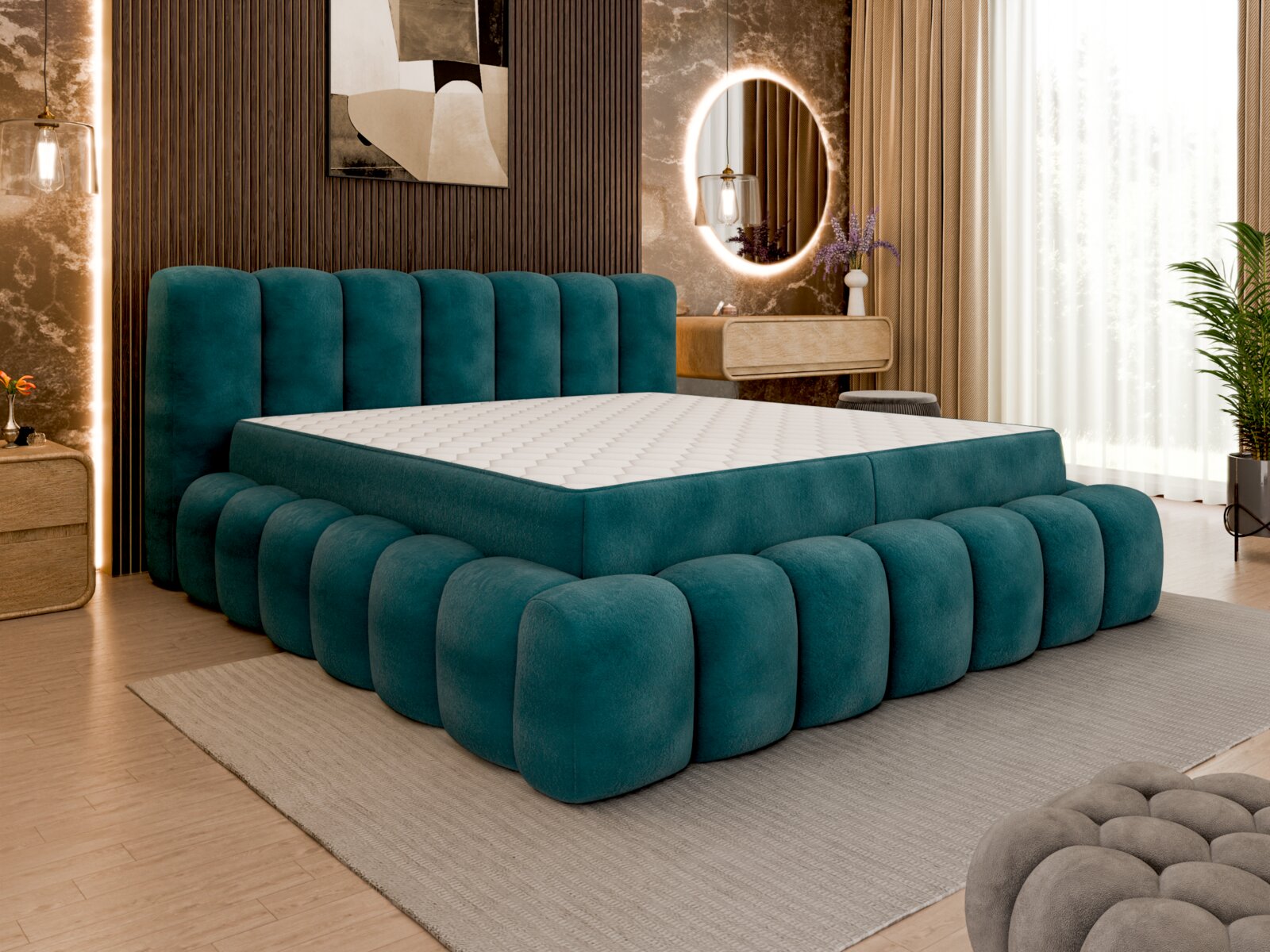 Een bed met stoffen bekleding in een moderne slaapkamer, zijaanzicht