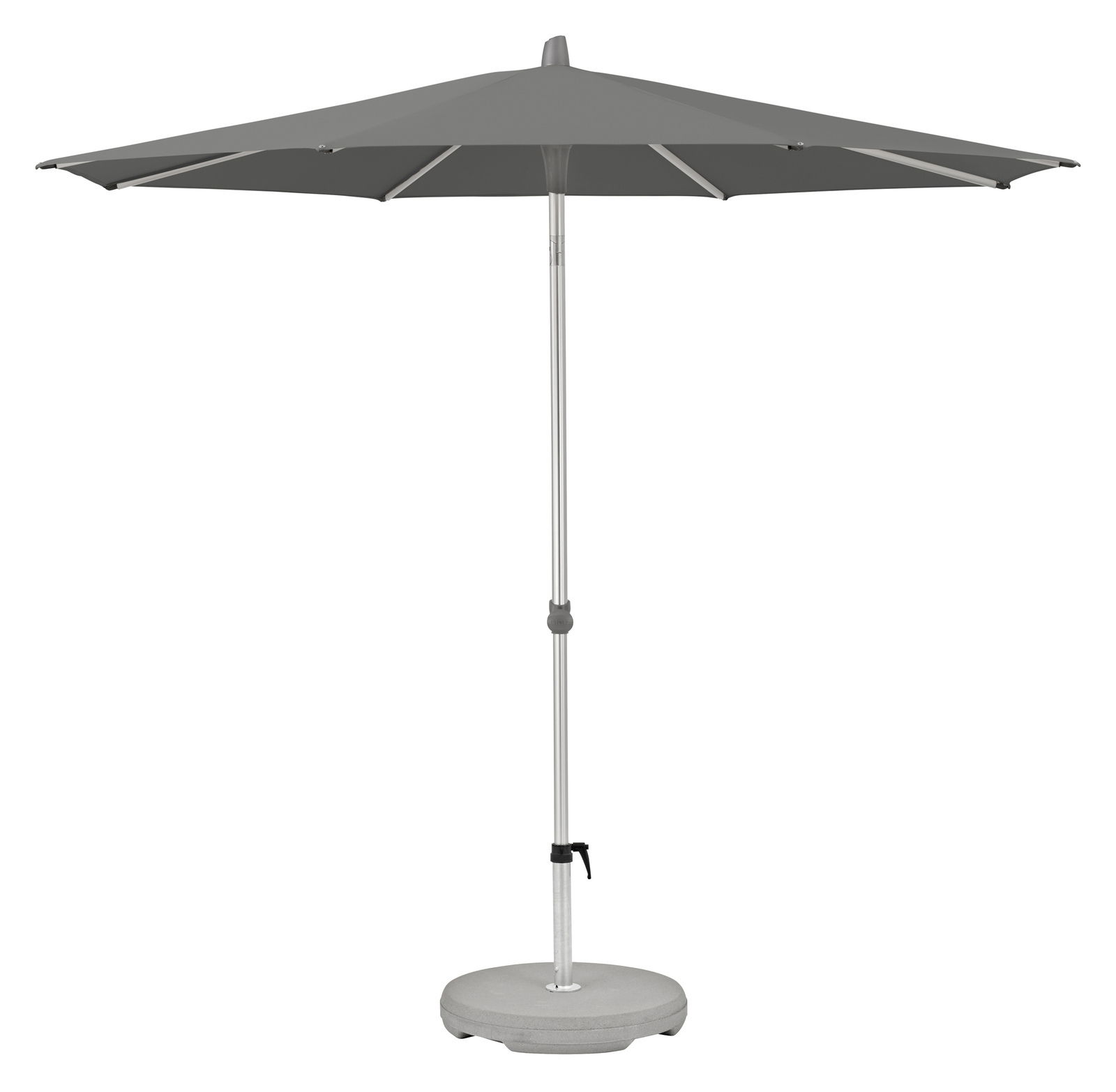 Grauer Sonnenschirm mit rundem Schirm und stabilem Standfuß, seitliche Perspektive