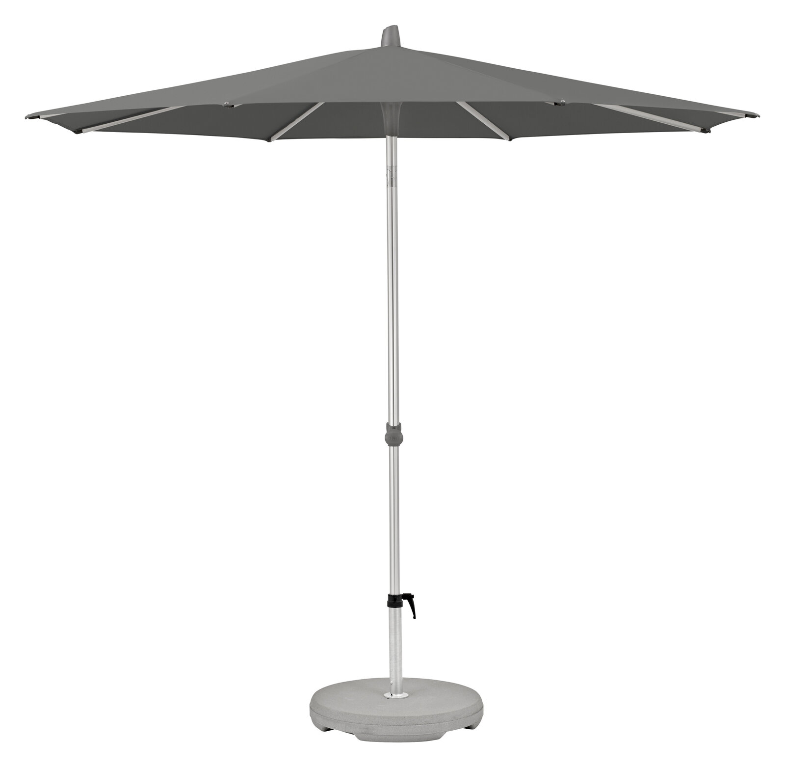 Grauer Sonnenschirm mit rundem Schirm und stabilem Standfuß, seitliche Perspektive