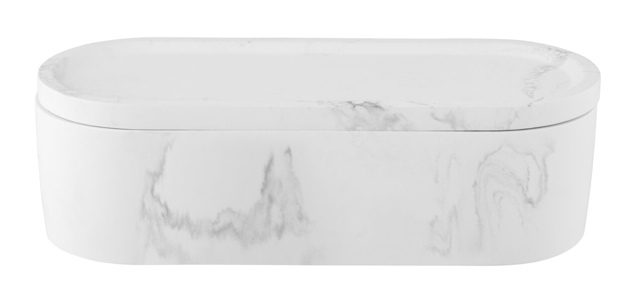 Witte universele doos van Balatro met marmerlook, gefotografeerd van voren.