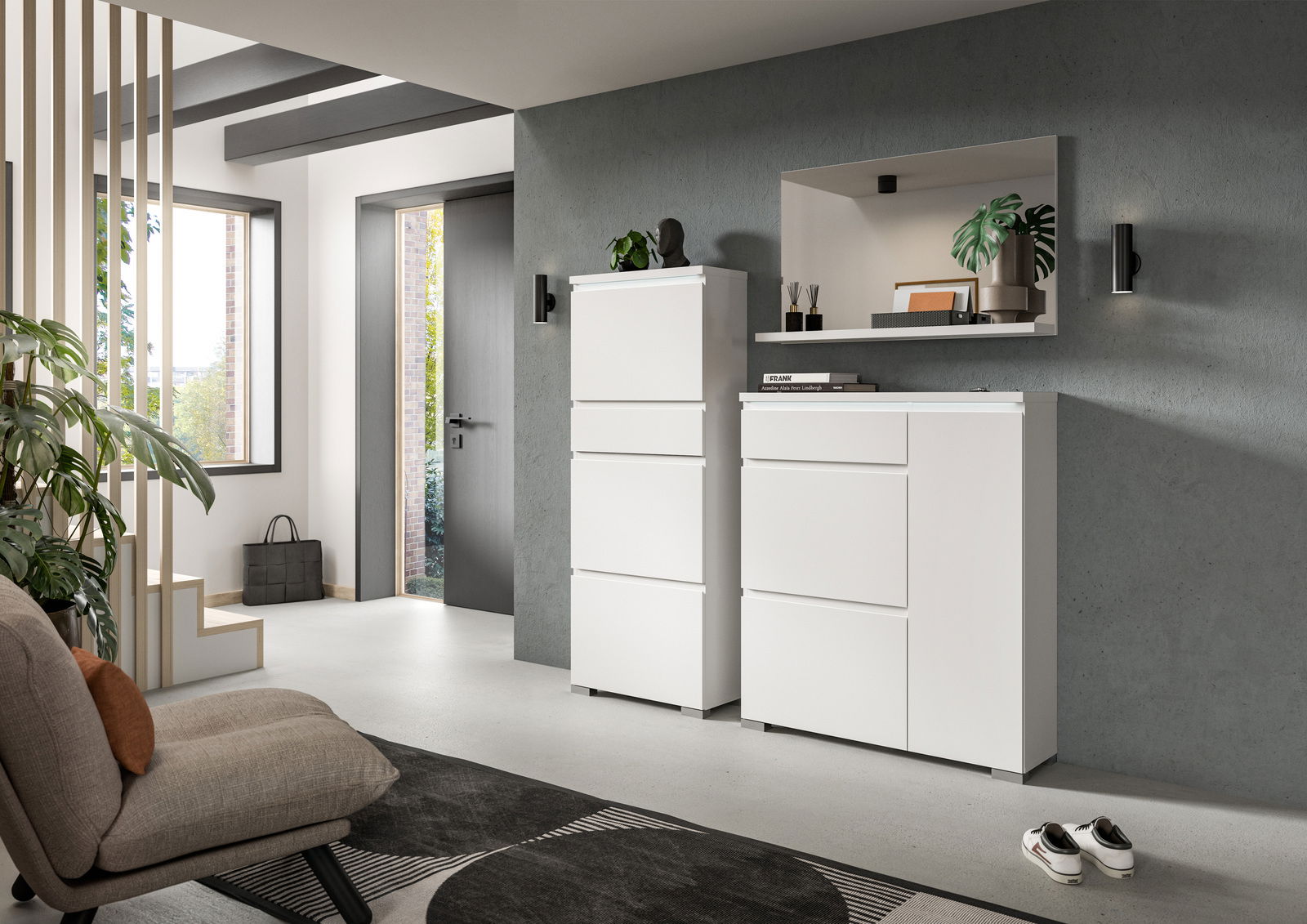 MID.YOU Wandspiegel SHOELOVE Moderner Wandspiegel in einem stilvollen Eingangsbereich, perspektivisch von der Seite betrachtet.