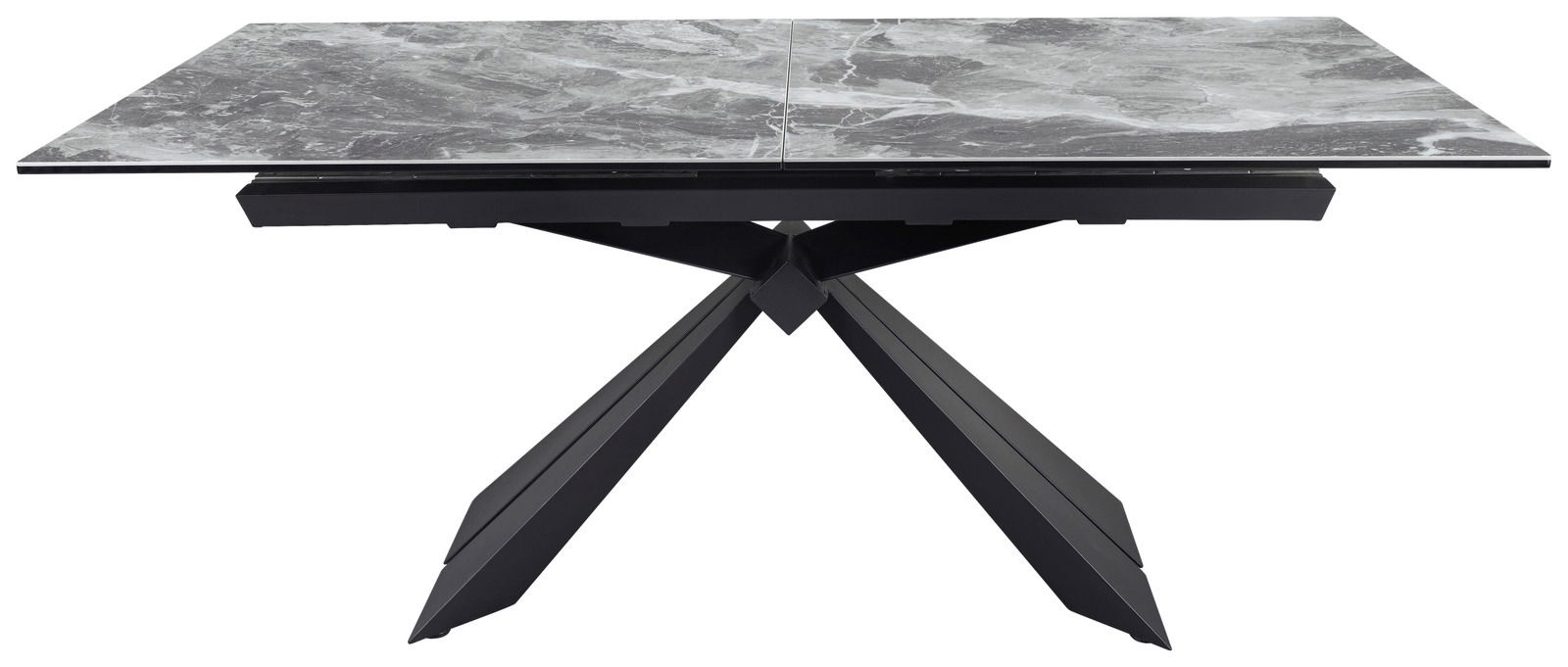 Moderner Esstisch mit grauer Marmoroptik und schwarzem Metallgestell, seitliche Perspektive