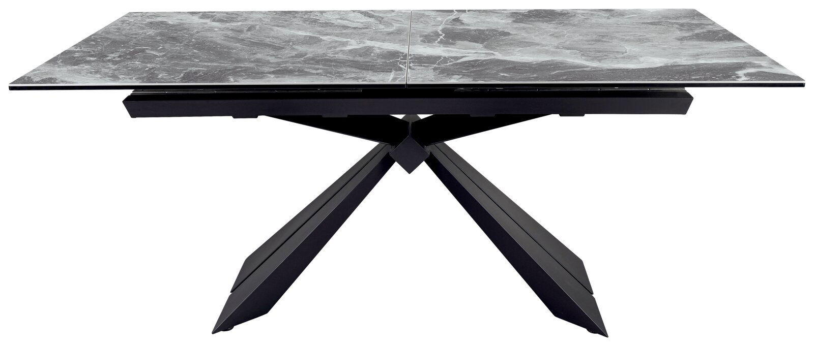 Moderner Esstisch mit grauer Marmoroptik und schwarzem Metallgestell, seitliche Perspektive
