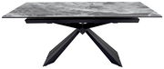 Moderner Esstisch mit grauer Marmoroptik und schwarzem Metallgestell, seitliche Perspektive