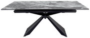 Moderner Esstisch mit grauer Marmoroptik und schwarzem Metallgestell, seitliche Perspektive