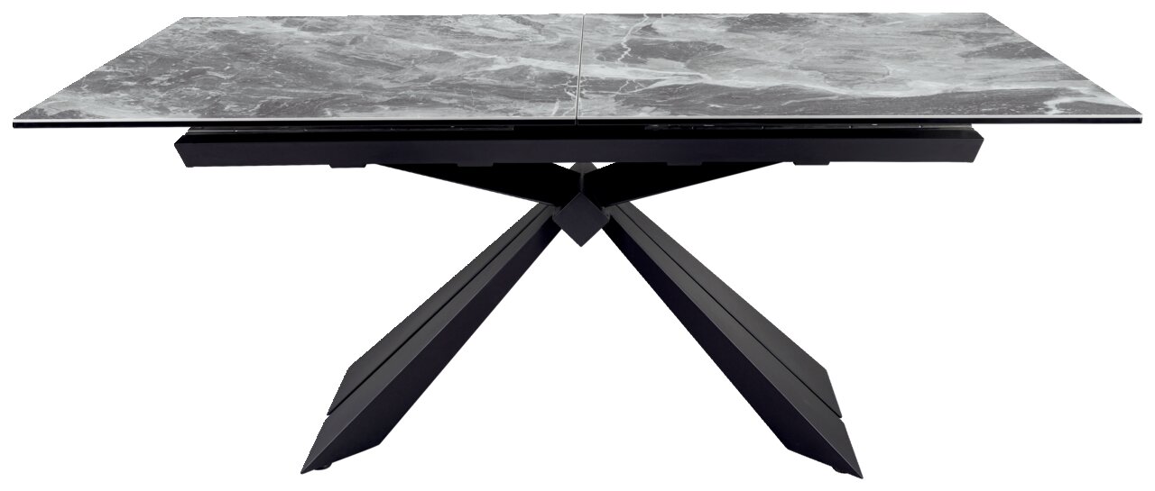 Moderner Esstisch mit grauer Marmoroptik und schwarzem Metallgestell, seitliche Perspektive