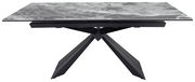Moderner Esstisch mit grauer Marmoroptik und schwarzem Metallgestell, seitliche Perspektive