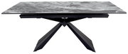 Moderne eettafel met grijze marmerlook en zwart metalen onderstel, zijaanzicht