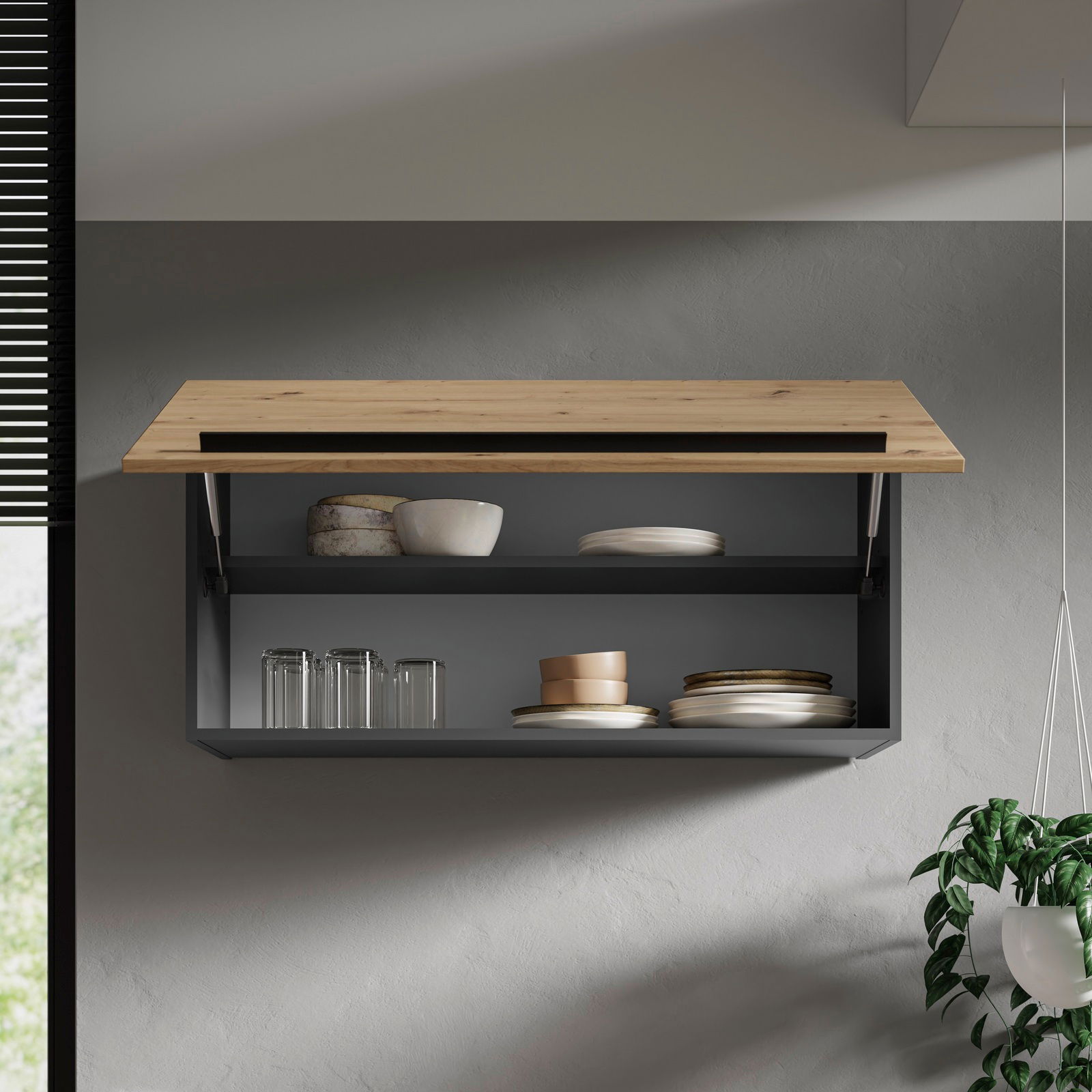 Moderner Hängeschrank mit Holzklappe, gefüllt mit Geschirr, aus frontaler Perspektive.