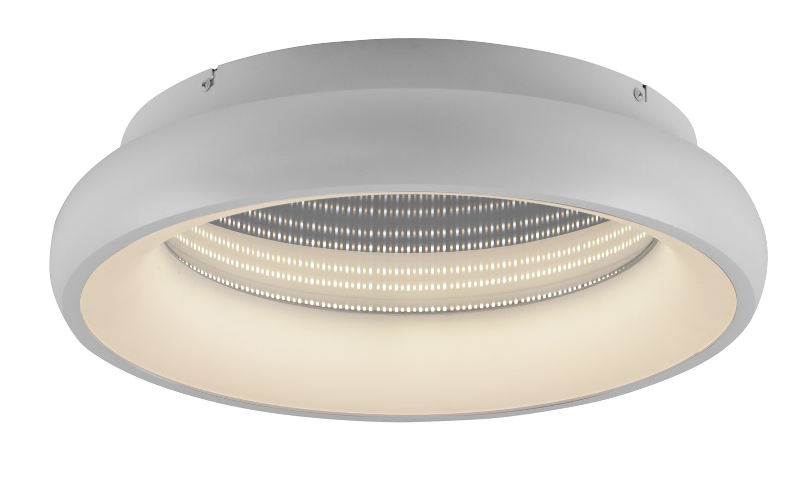 Runde, flache LED-Deckenleuchte in Weiß mit integriertem LED-Ring und diffuser Abdeckung, Ansicht von unten in leichter Untersicht