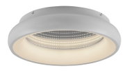Runde, flache LED-Deckenleuchte in Weiß mit integriertem LED-Ring und diffuser Abdeckung, Ansicht von unten in leichter Untersicht