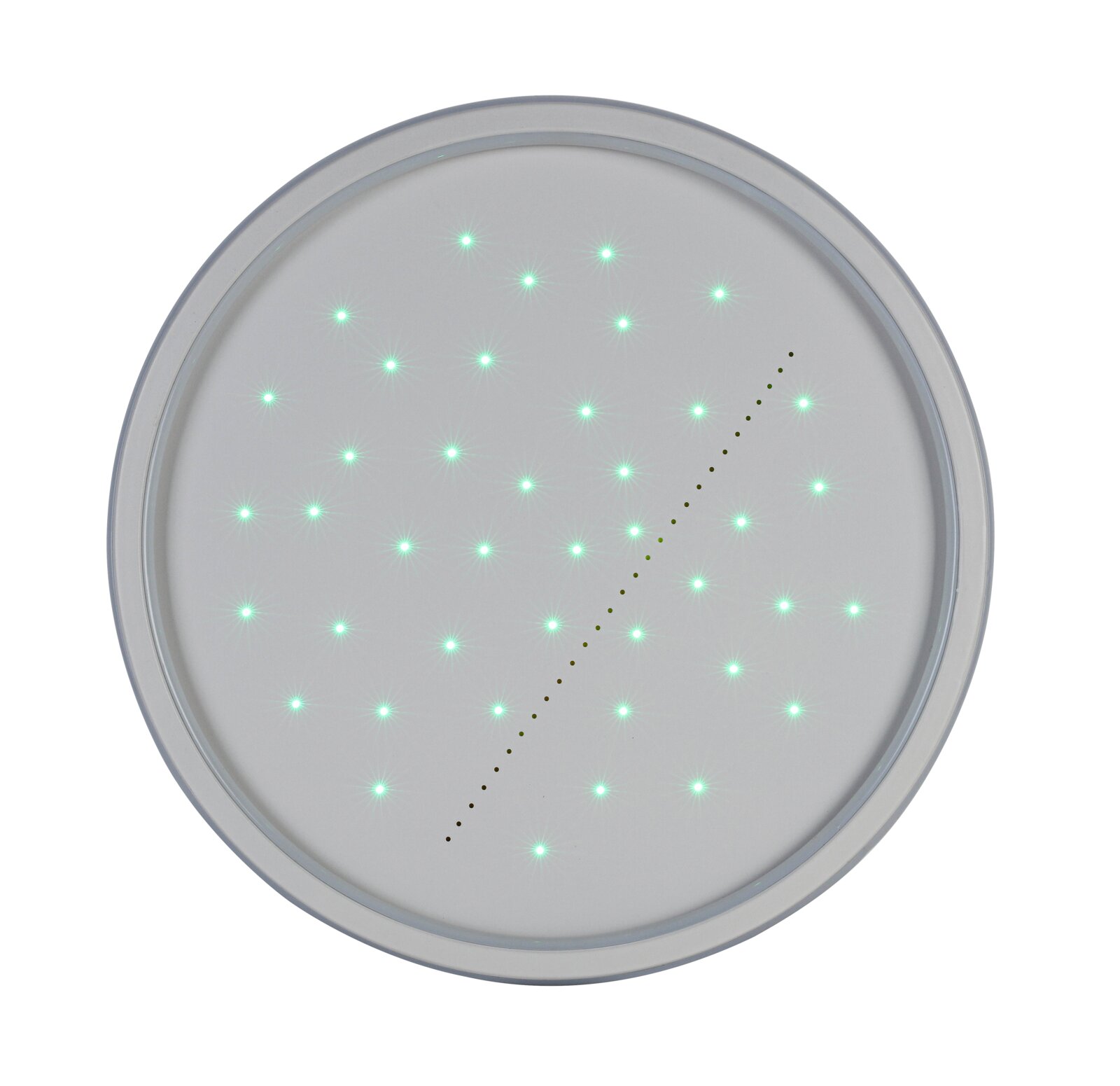 Ronde led-plafondlamp met groen lichtpatroon, gezien van onderaf