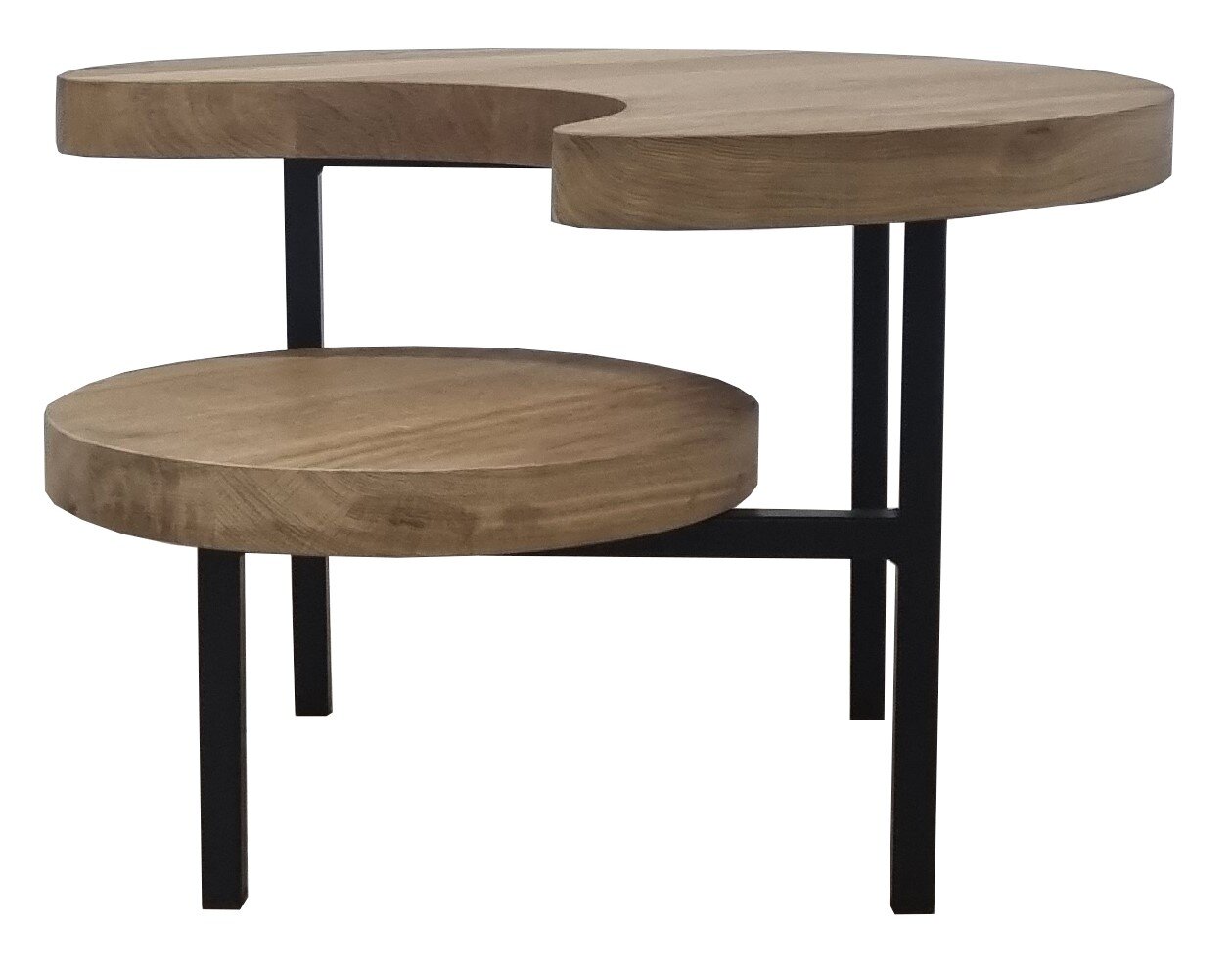 Moderne bijzettafel met twee ronde houten bladen en een zwart metalen onderstel, zijaanzicht