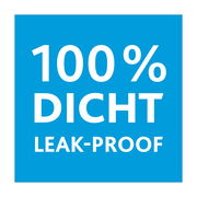 Blaues Quadrat mit weißem Text '100% DICHT LEAK-PROOF', Vorderansicht