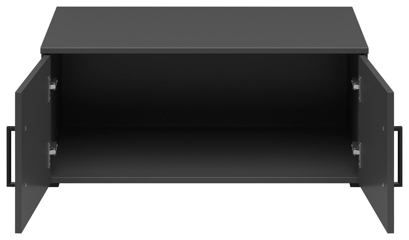 Schwarzer Aufsatzschrank mit zwei geöffneten Türen, Frontalansicht