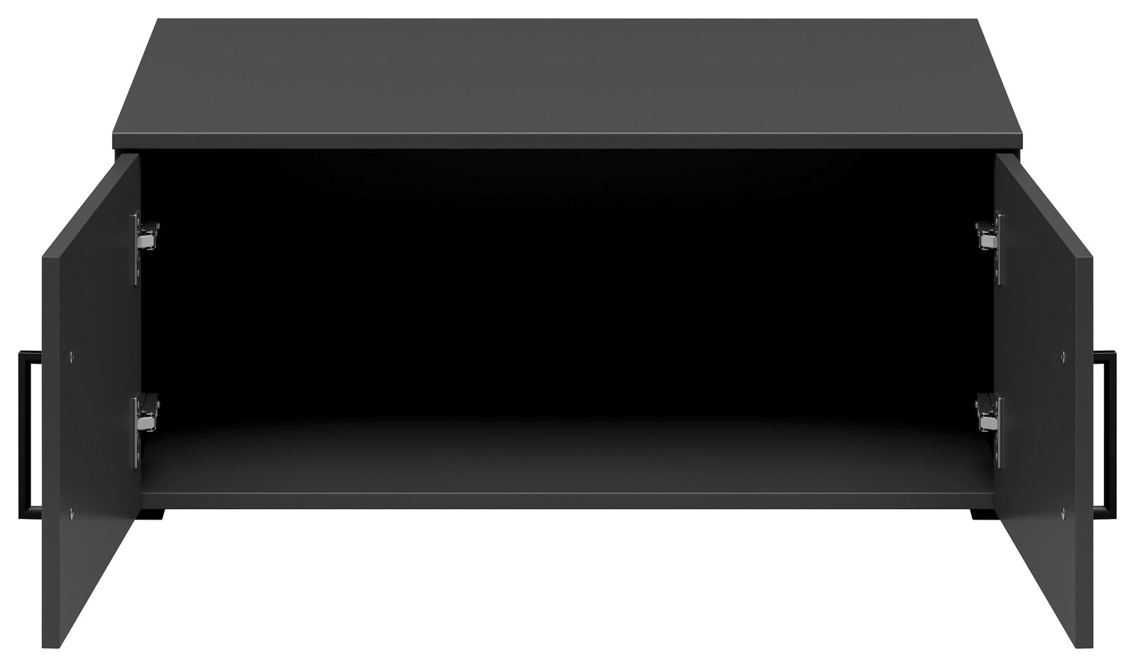 Schwarzer Aufsatzschrank mit zwei geöffneten Türen, Frontalansicht