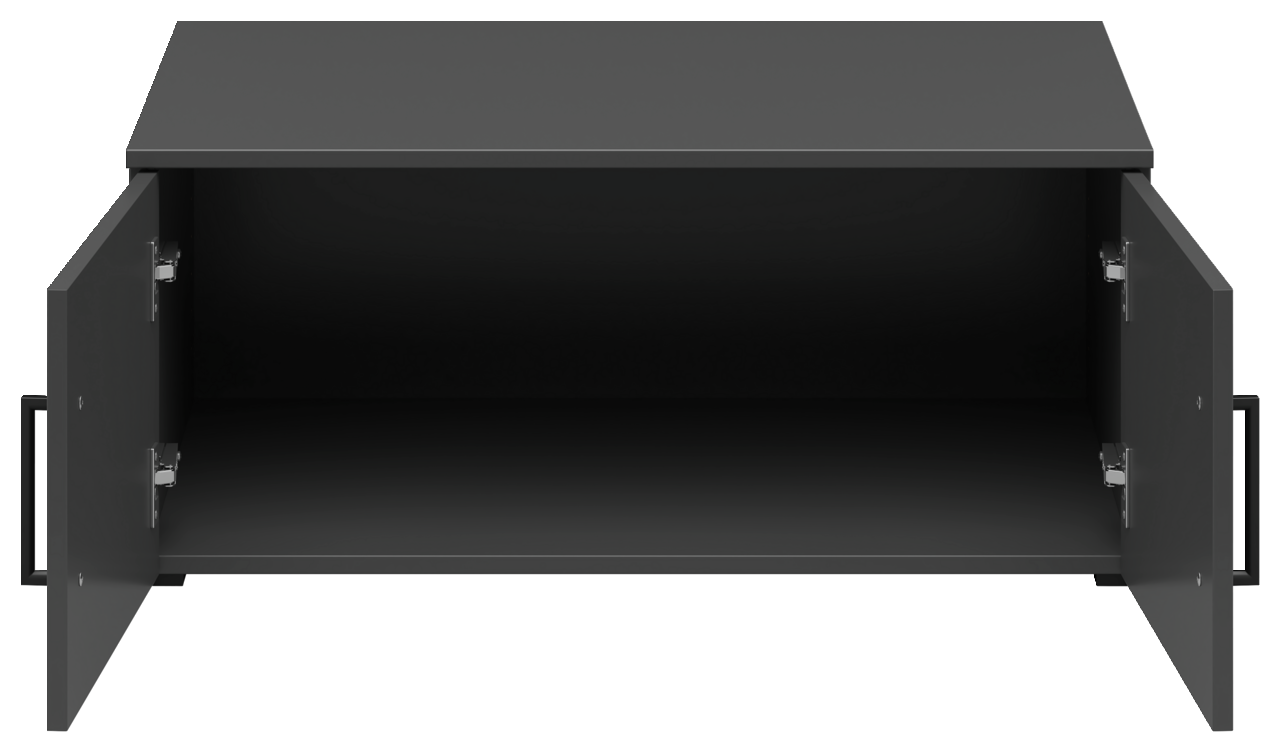 Schwarzer Aufsatzschrank mit zwei geöffneten Türen, Frontalansicht