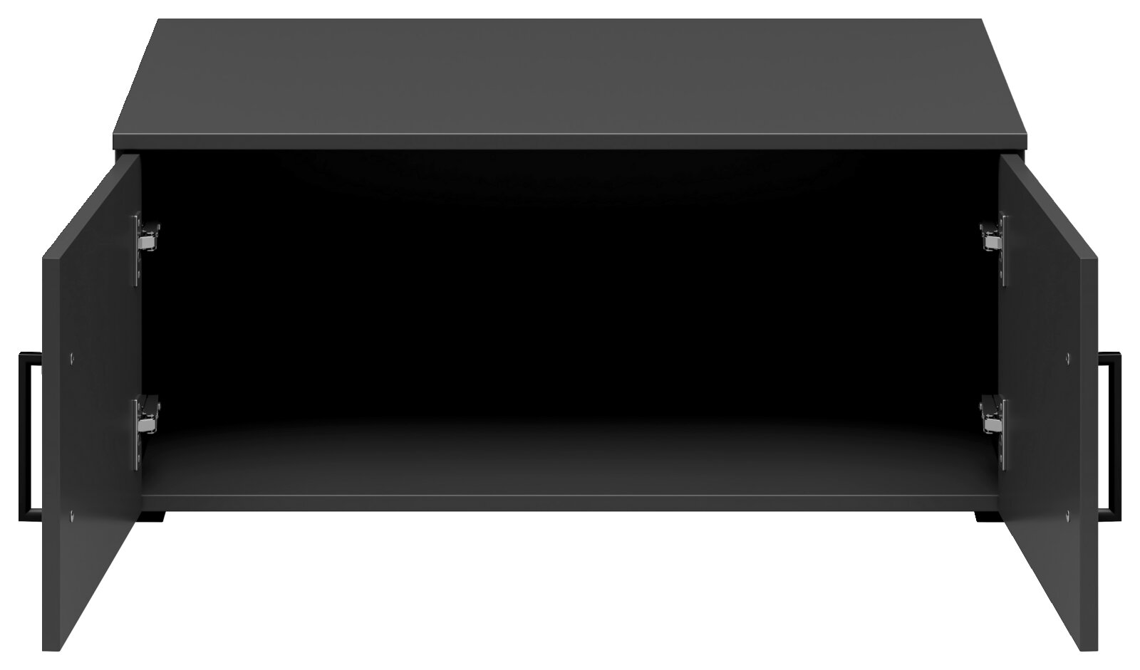 Schwarzer Aufsatzschrank mit zwei geöffneten Türen, Frontalansicht