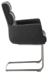 Seitenansicht eines modernen Freischwinger-Sessels mit grauem Stoffbezug und Metallgestell.