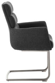 Seitenansicht eines modernen Freischwinger-Sessels mit grauem Stoffbezug und Metallgestell.