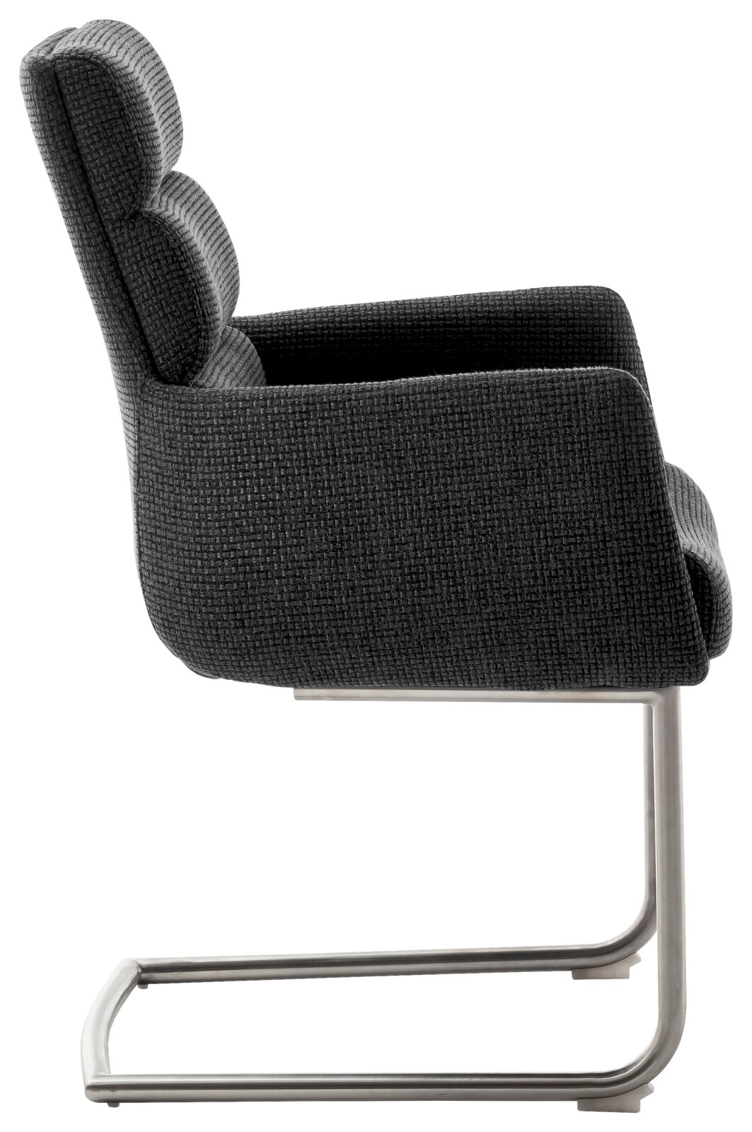 Dieter Knoll Freischwinger-Sessel LEXINGTON Seitenansicht eines modernen Freischwinger-Sessels mit grauem Stoffbezug und Metallgestell.