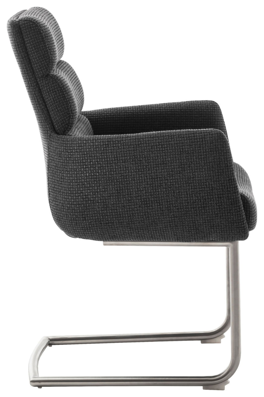 Seitenansicht eines modernen Freischwinger-Sessels mit grauem Stoffbezug und Metallgestell.