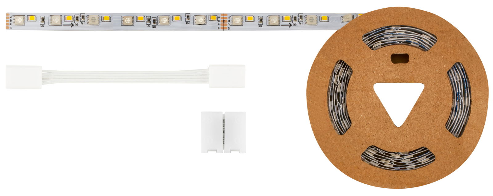 Vogelperspektive auf ein LED-Ergänzungs-Set mit RGB/W-Lichtstreifen, Verbindungskabel und Spule.