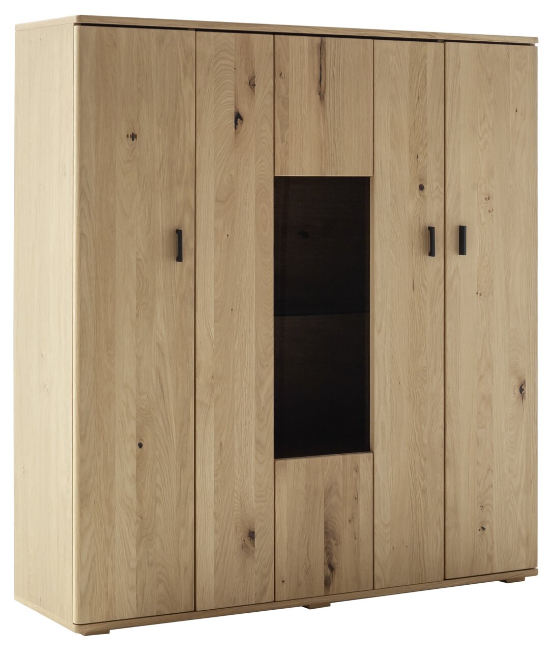 Hochwertiges Highboard aus hellem Holz mit vier Türen und einem zentralen Glaseinsatz, seitliche Perspektive