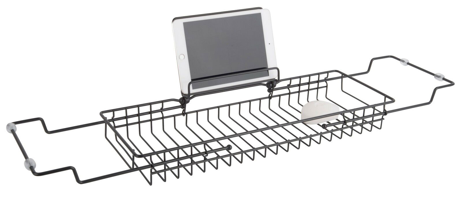 Badablage aus Metall mit Halterung für ein Tablet und Platz für Seife, seitliche Perspektive
