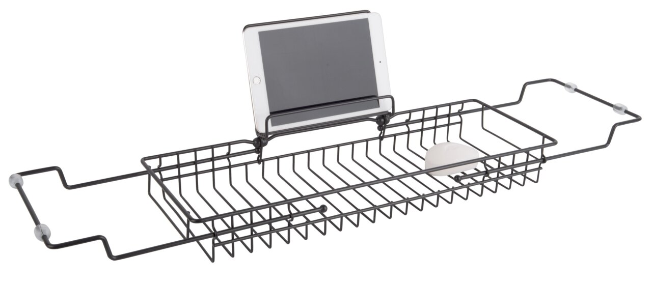 Badablage aus Metall mit Halterung für ein Tablet und Platz für Seife, seitliche Perspektive