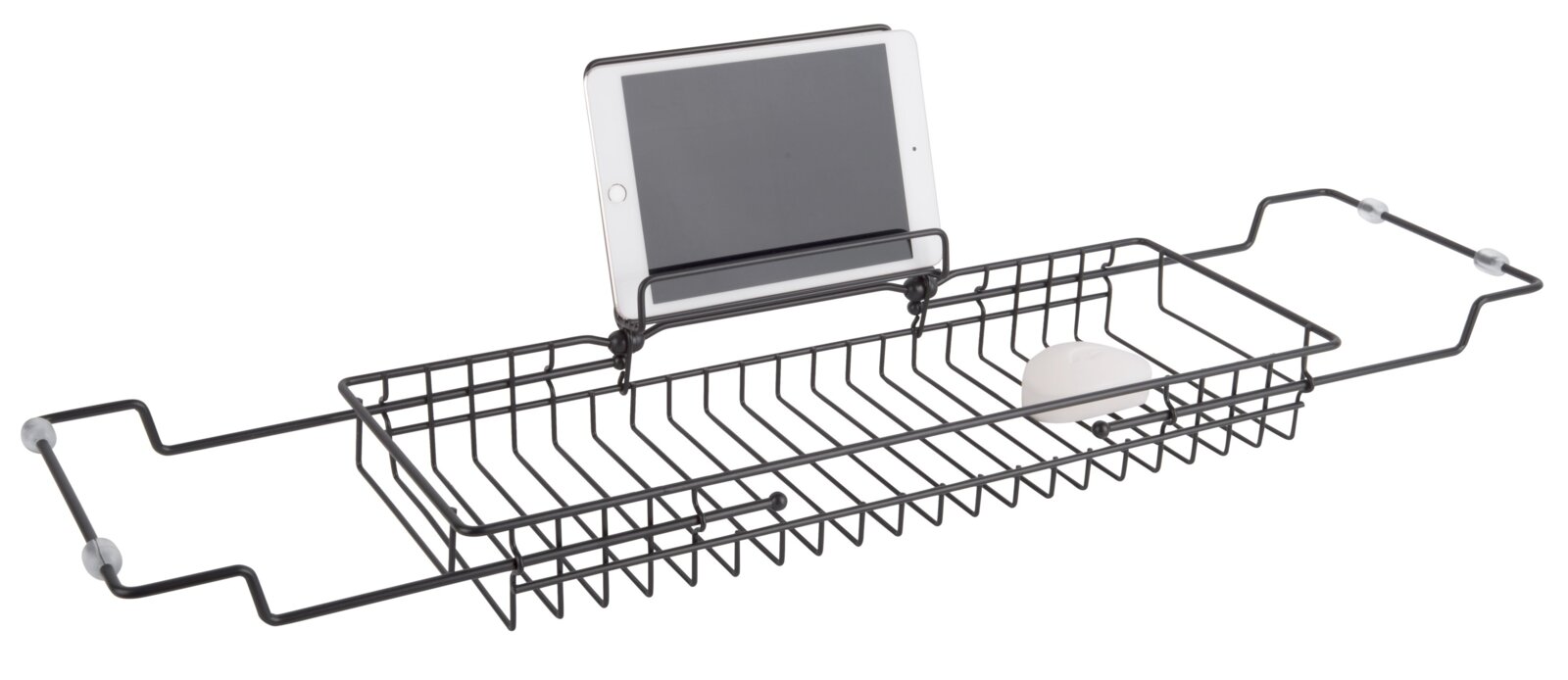 Badablage aus Metall mit Halterung für ein Tablet und Platz für Seife, seitliche Perspektive