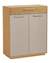 Moderner Schuhschrank aus Holz mit zwei Türen und einer Schublade, seitliche Perspektive