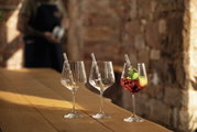 Drie elegante gin-tonicglazen op een houten tafel, waarvan één gevuld met een rode drank en muntblaadjes, op de achtergrond een onscherp persoon. Zijaanzicht.