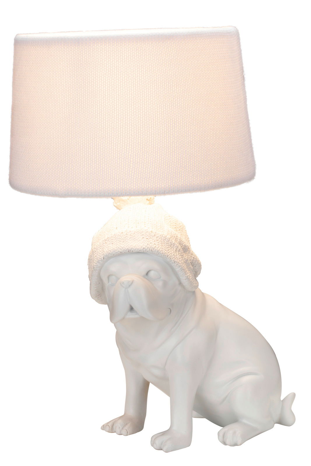 Tischleuchte in Form eines sitzenden Hundes mit Strickmütze, seitliche Perspektive