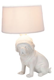 Tischleuchte in Form eines sitzenden Hundes mit Strickmütze, seitliche Perspektive