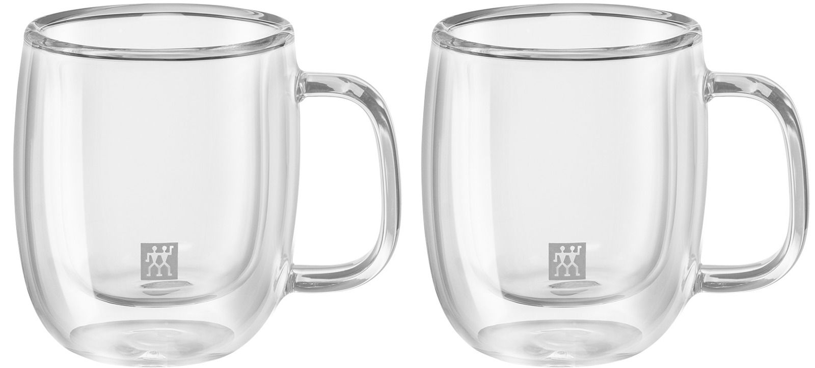Zwei transparente Espressotassen aus doppelwandigem Glas mit Griff, frontal abgebildet.
